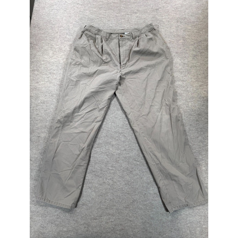 Mens Trouser Chino Pants 38x32 Beige Twill Cotton Pleated High Rise Straight Leg